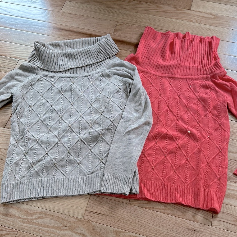 TWO Size Large NY&C Turtleneck Sweaters (Coral Pink & Tan)